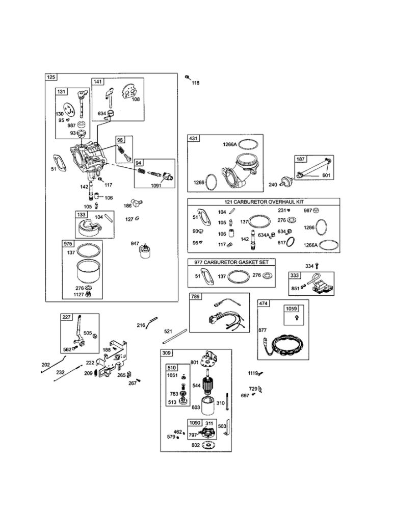 Carburetor/Motor-Starter Diagram and Parts List for 31D777-0035  Briggs and Stratton Engine